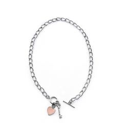 CHAIN NECKLACE T-BAR PINK HEART KEY